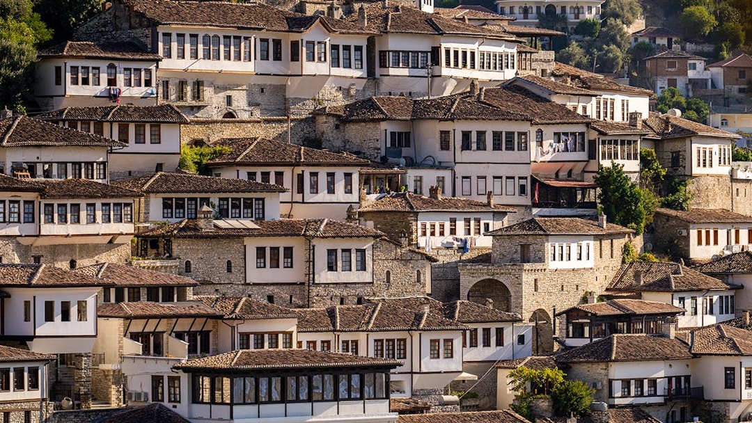 Berat old town houses with traditional Ottoman architecture in Albania.