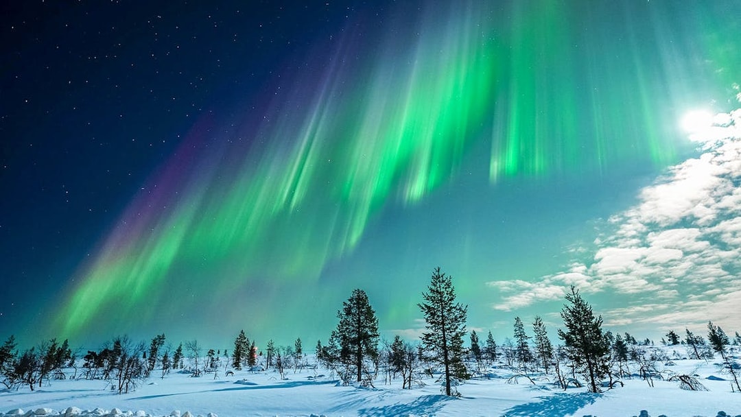 Northern Lights over snowy landscape on Tromso chase tour, Norway.
