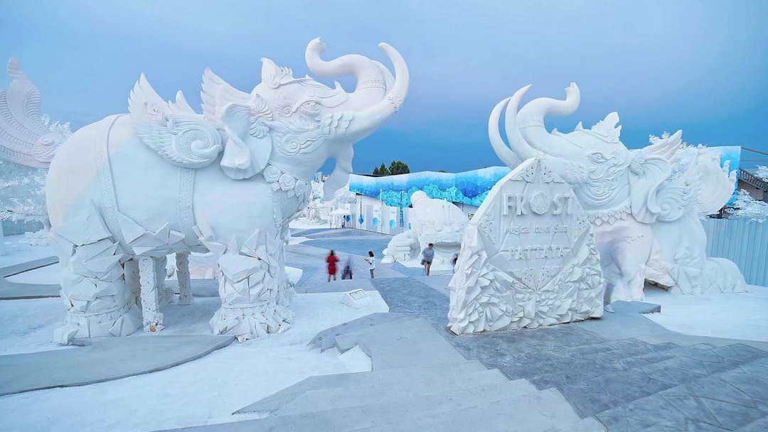Giant white elephant sculptures at Frost Magical Ice of Siam in Pattaya, Thailand.