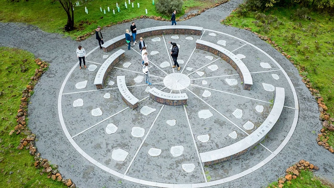 Aerial view of visitors exploring a circular stone installation on the Kooyang Walk Full Day Tour.