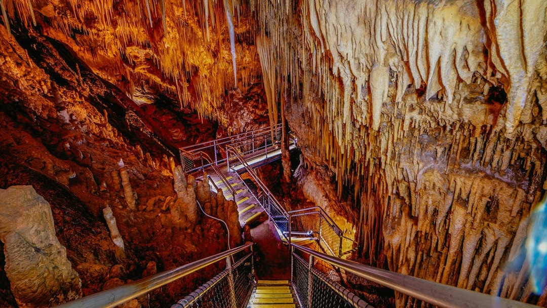 Staircase leading through stalactites and stalagmites in Hastings Caves, Tasmania.
