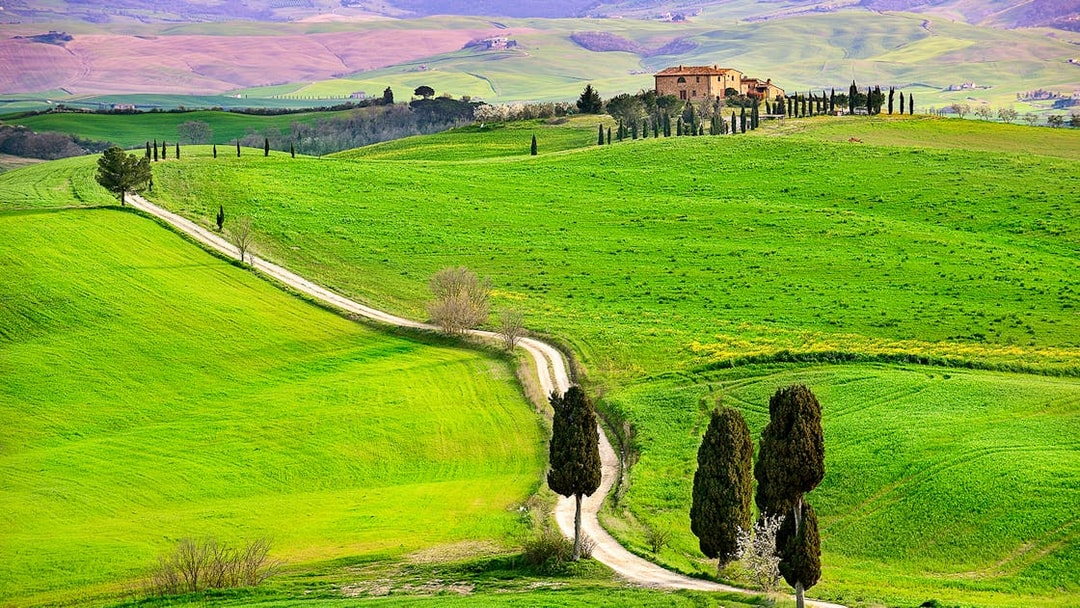 Winding road through green hills in Val D’Orcia with a farmhouse in the distance.