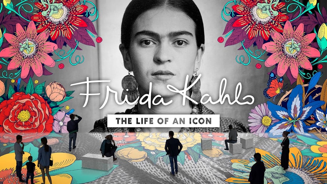 Visitors at Frida Kahlo exhibition with vibrant floral art, Singapore Future World Exhibition.