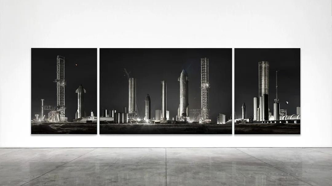 Triptych of futuristic rocket structures at night, related to Singapore Future World Exhibition.