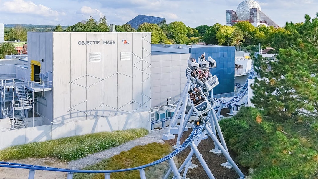 Roller coaster at Futuroscope theme park near Objectif Mars building.