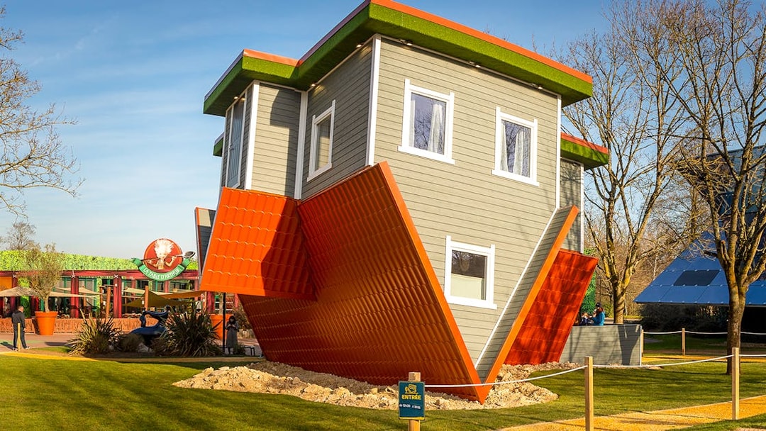 Upside-down house attraction at Futuroscope theme park, France.