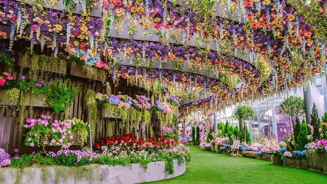 Floral Fantasy Singapore with vibrant hanging gardens and colorful blooms.