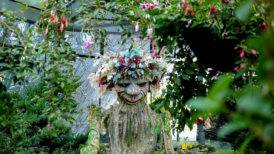Whimsical floral sculpture at Gardens by the Bay's Floral Fantasy in Singapore.