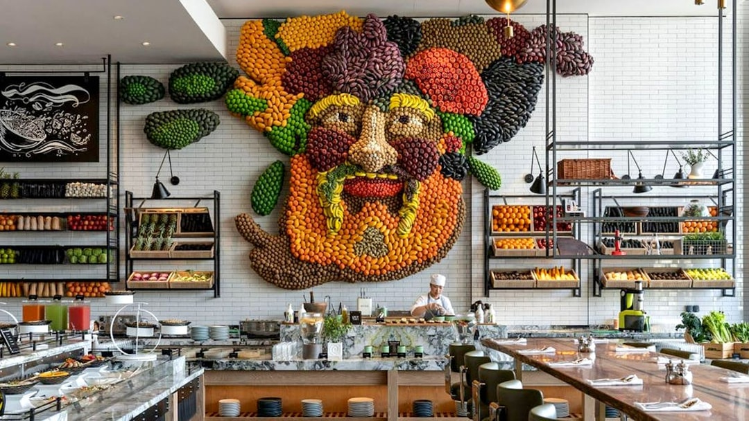 Live cooking station with chef at Gastronomy Buffet Dinner, Dubai, featuring vibrant fruit and vegetable wall art.