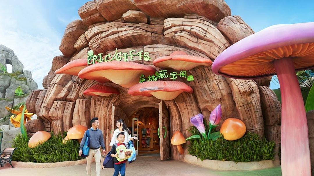 Family at the entrance of a themed gift shop at Genting SkyWorld Outdoor Theme Park.