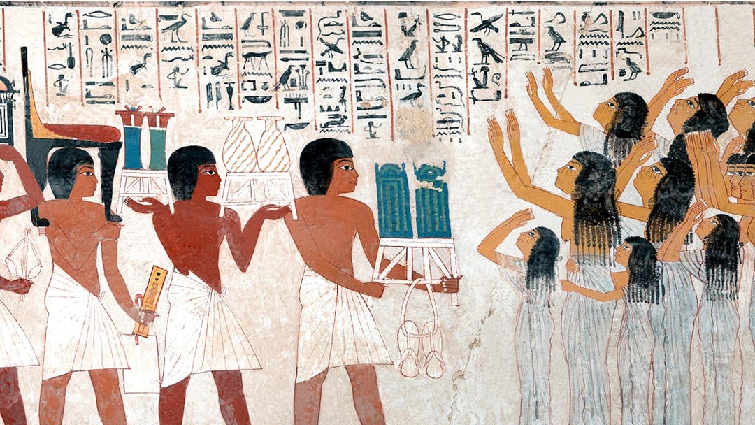 Ancient Egyptian funeral procession with hieroglyphics, Egypt.