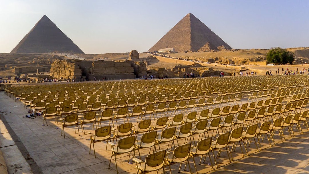 Seats arranged for the Sound and Light Show at the Pyramids of Giza, Cairo, Egypt.