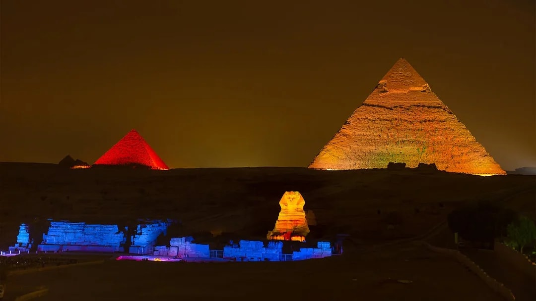 Sound and Light Show at the Pyramids, Giza, with illuminated Sphinx and pyramids.