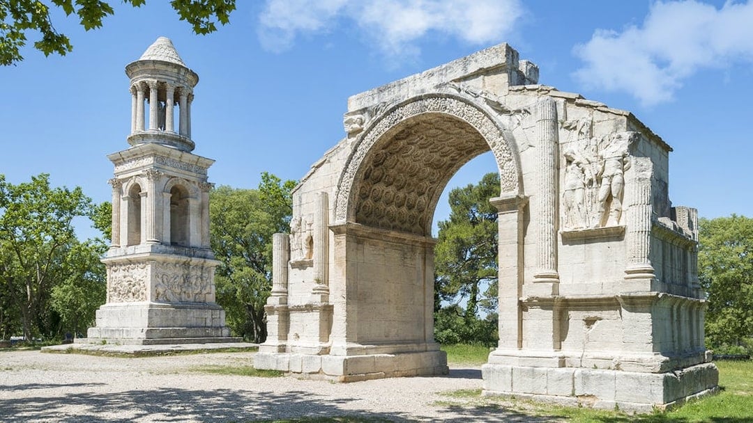 Glanum Archaeological Site with Roman mausoleum and triumphal arch in Saint-Rémy-de-Provence.