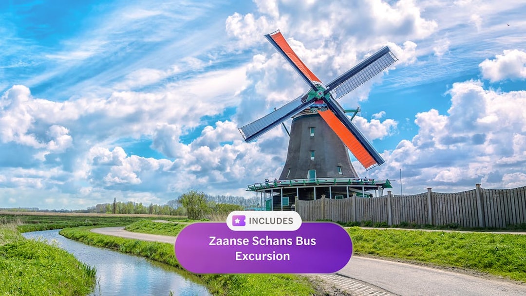 Windmill at Zaanse Schans with blue sky, part of Go City Amsterdam Pass.