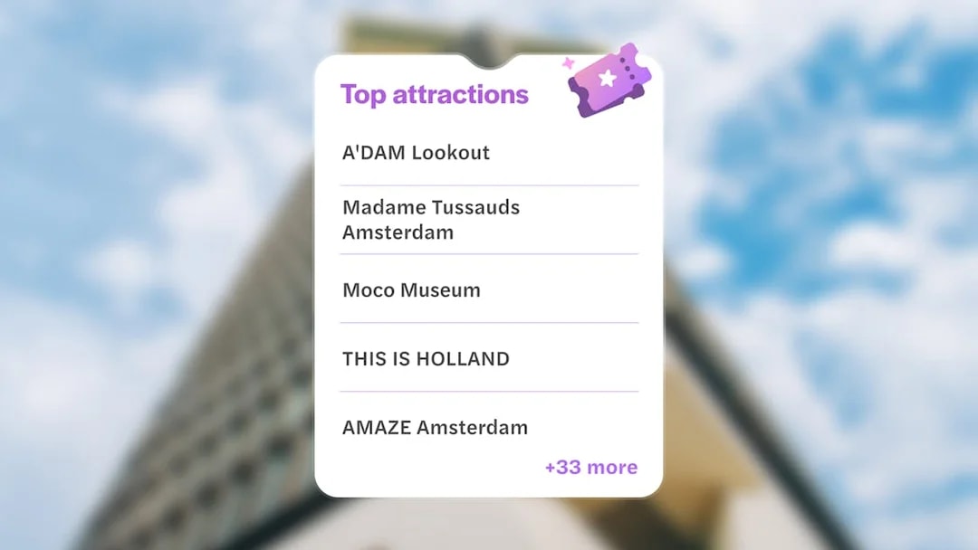 Top attractions on Go City Amsterdam Explorer Pass include A'DAM Lookout, Madame Tussauds, and Moco Museum.