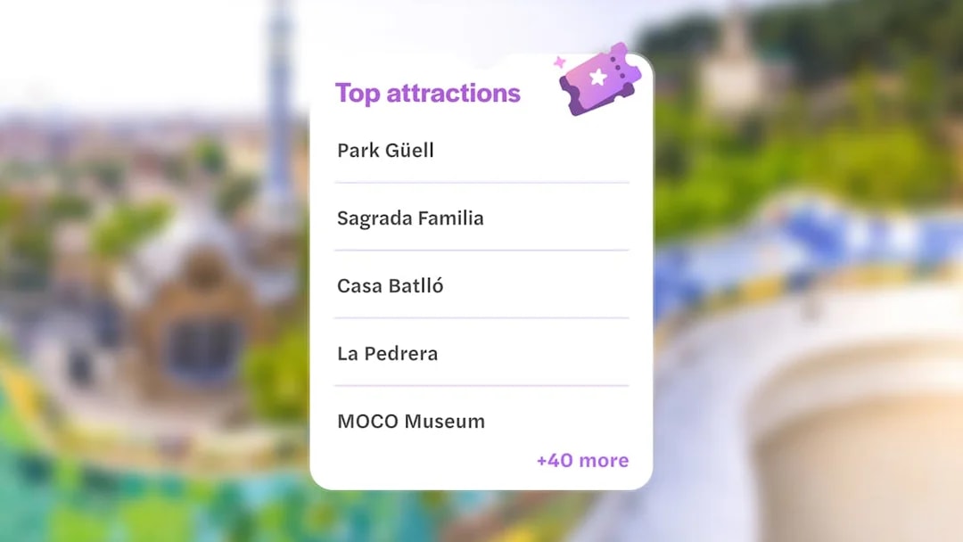 Top attractions list with Park Güell, Sagrada Familia, and more in Barcelona.