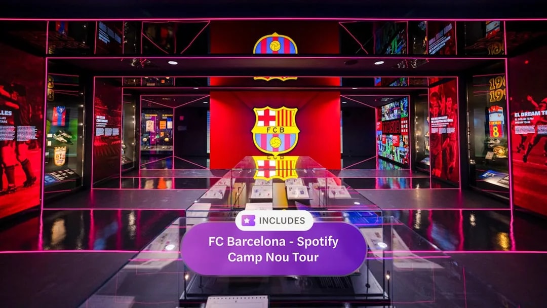 FC Barcelona museum exhibit at Spotify Camp Nou with team memorabilia.