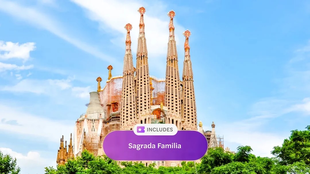 Facade of Sagrada Familia with spires, Barcelona.