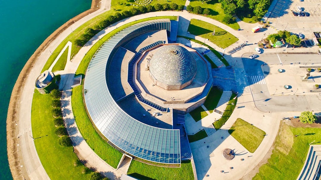 Aerial view of the Adler Planetarium in Chicago near Lake Michigan.
