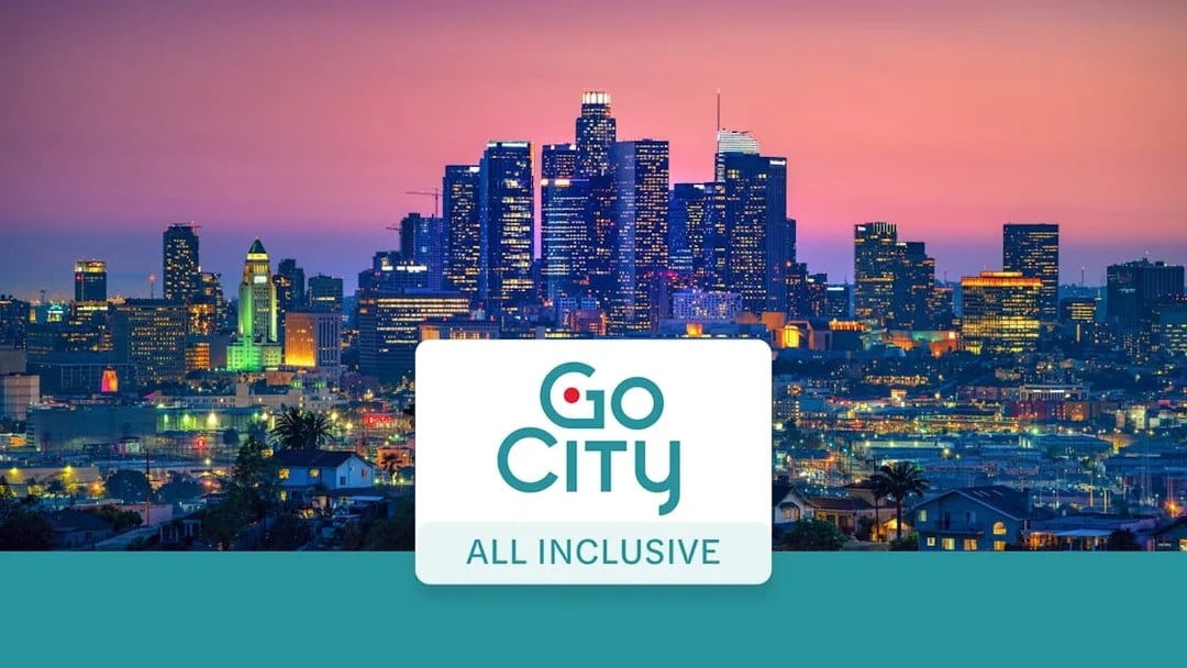 Los Angeles skyline at sunset with Go City All-Inclusive Pass logo.
