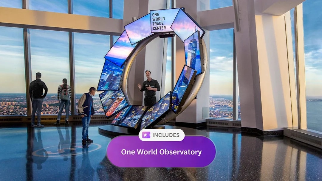 One World Observatory interior with digital display and city view, New York.
