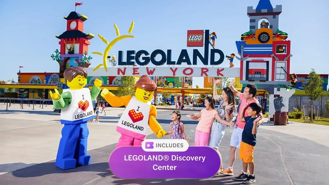 LEGOLAND New York entrance with family and LEGO characters, includes Discovery Center.