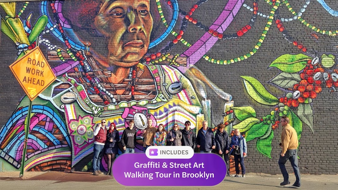 Brooklyn street art mural with a group of tourists on a walking tour.