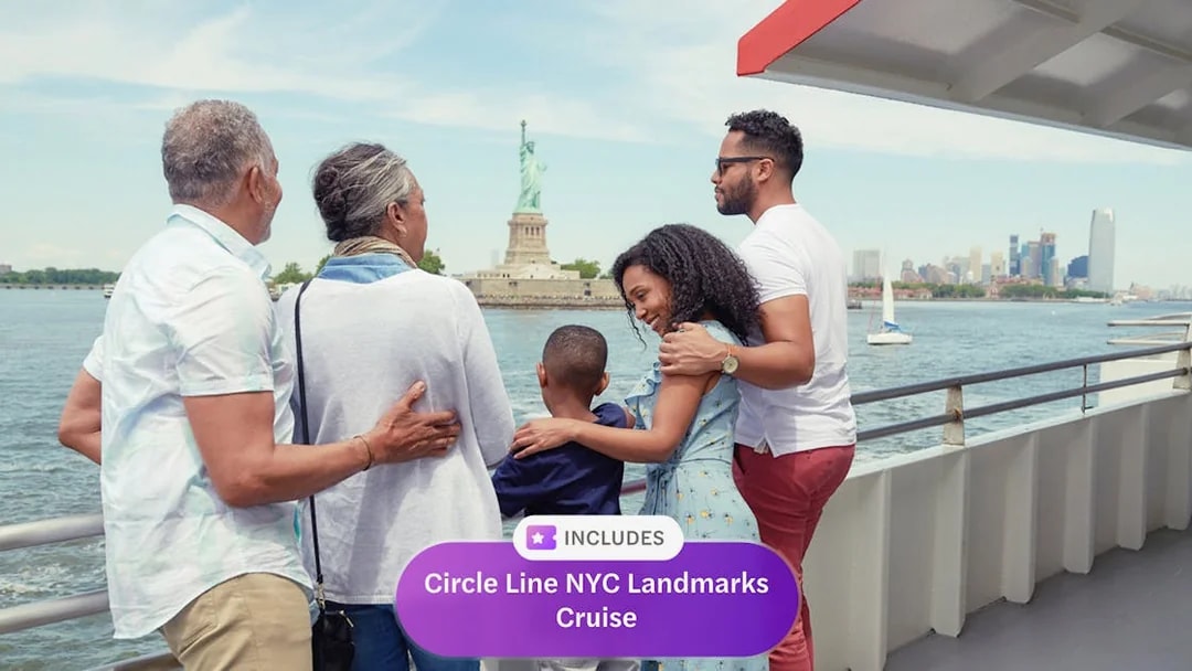 Family enjoying views of the Statue of Liberty on a Circle Line NYC cruise.
