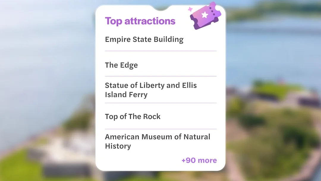 Top New York attractions list for Go City Explorer Pass, including Empire State Building and Statue of Liberty.