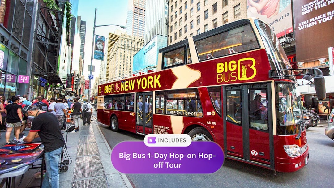 Big Bus New York tour on a busy city street with people and skyscrapers.