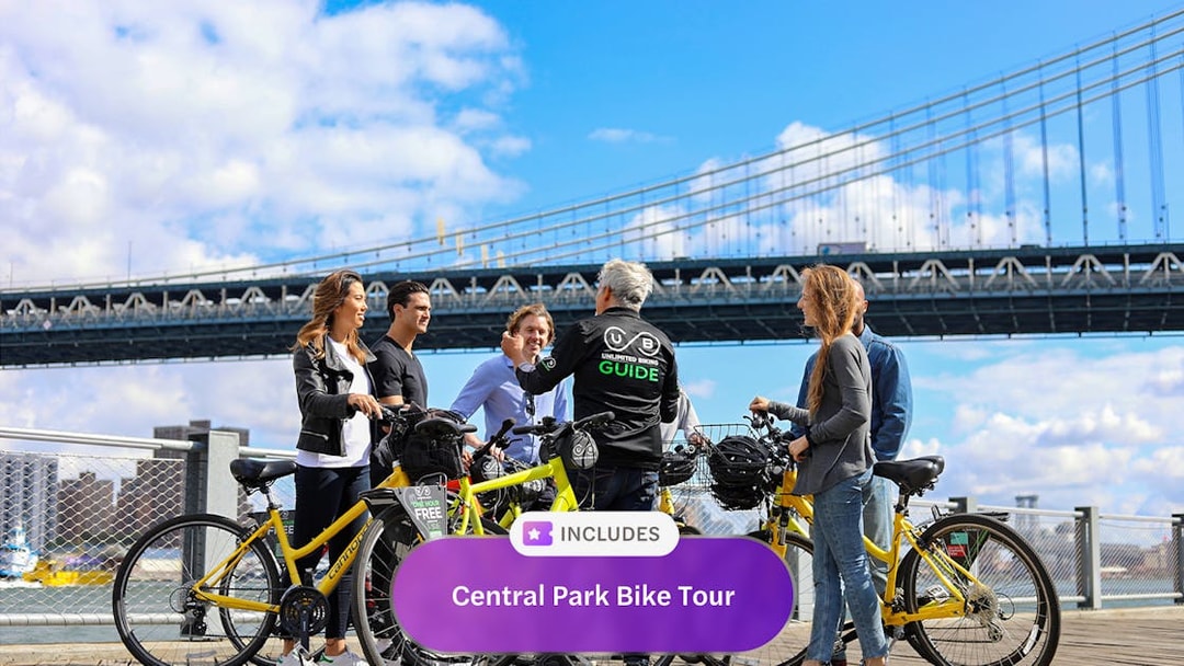 Group on a Central Park bike tour with guide near Brooklyn Bridge, New York.