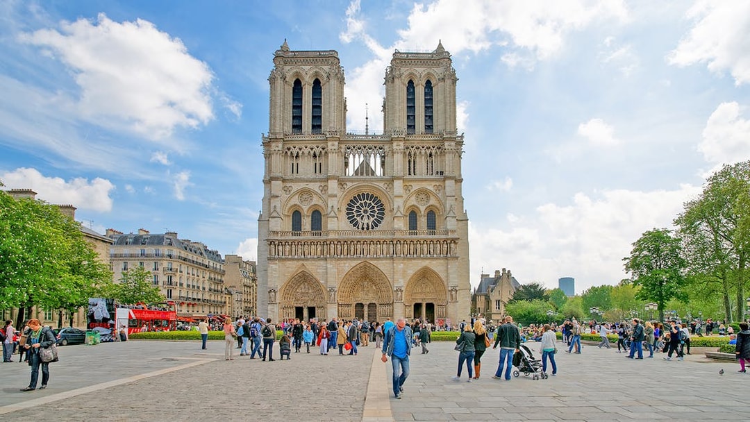 People gathered outside Notre Dame Cathedral in Paris.