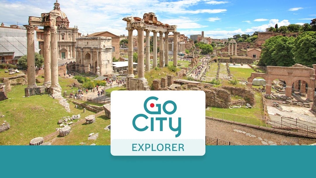 Roman Forum ruins with Go City Rome Explorer Pass logo.