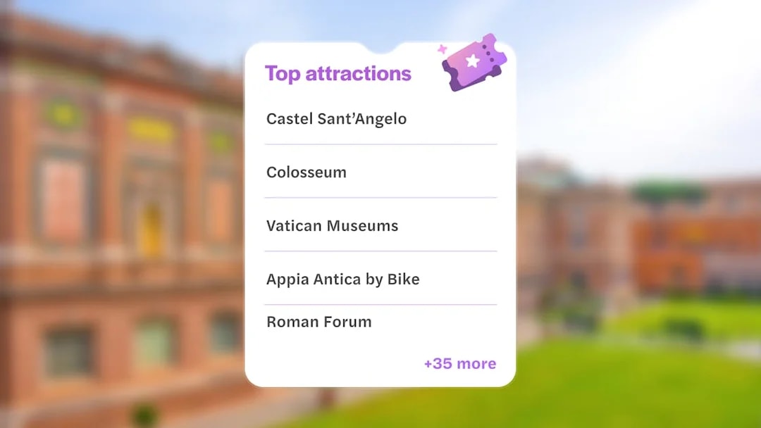 Go City Rome Explorer Pass attractions list with Castel Sant’Angelo, Colosseum, Vatican Museums.