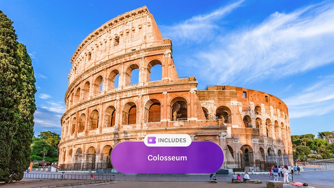 Colosseum in Rome with Go City Rome Explorer Pass sign.