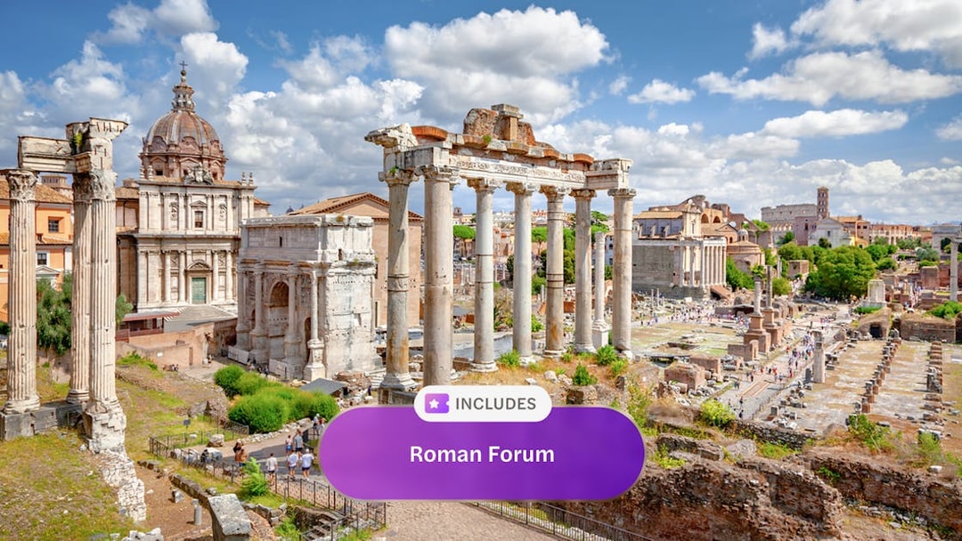Roman Forum ruins with ancient columns and historic buildings in Rome, Italy.