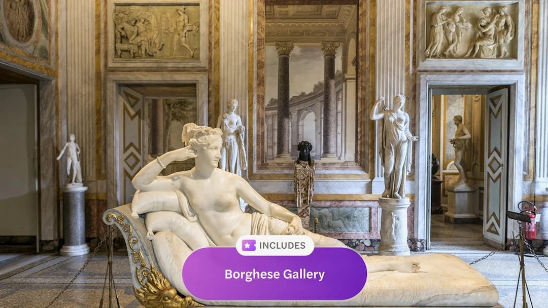 Sculpture in Borghese Gallery, Rome, with classical art and architecture in the background.