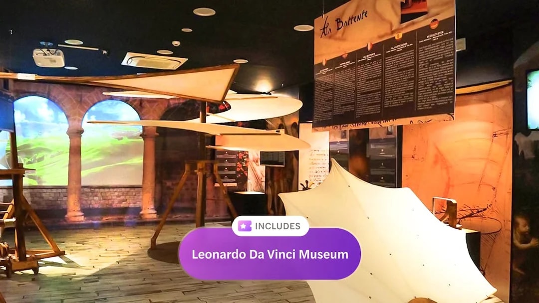 Leonardo Da Vinci Museum exhibit with flying machine models, Go City Rome Explorer Pass.