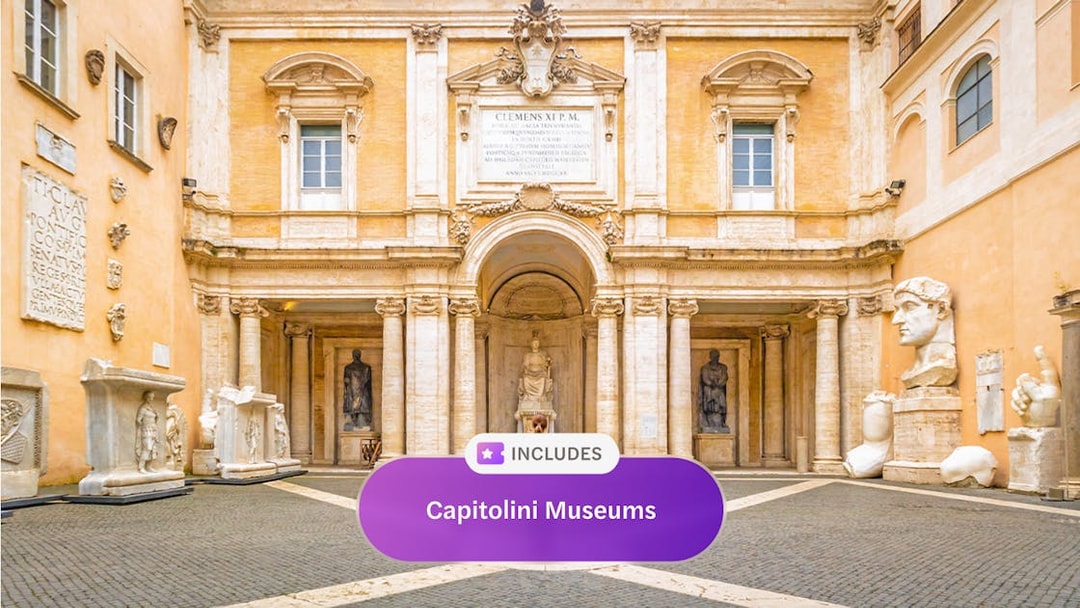 Capitoline Museum entrance with ancient sculptures, Rome, included in Go City explorer pass.