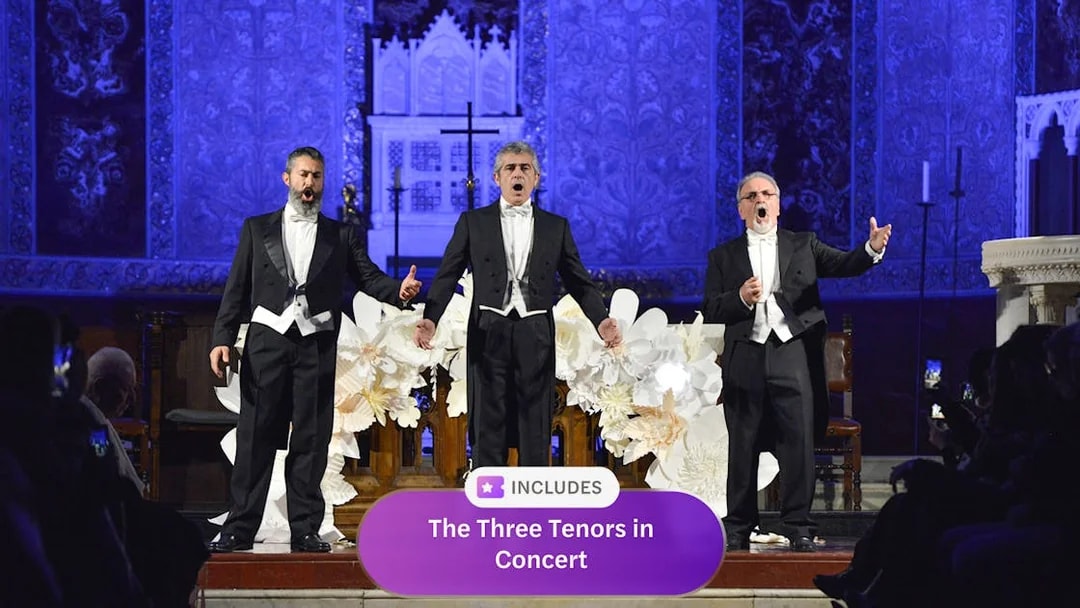 Three tenors performing on stage in Rome concert hall.