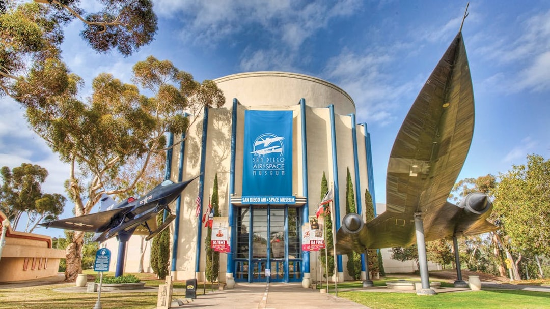 San Diego Air & Space Museum entrance with aircraft displays.
