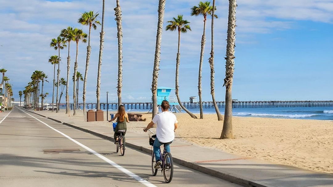 Cyclists on a beachside path with palm trees and ocean view in San Diego.
