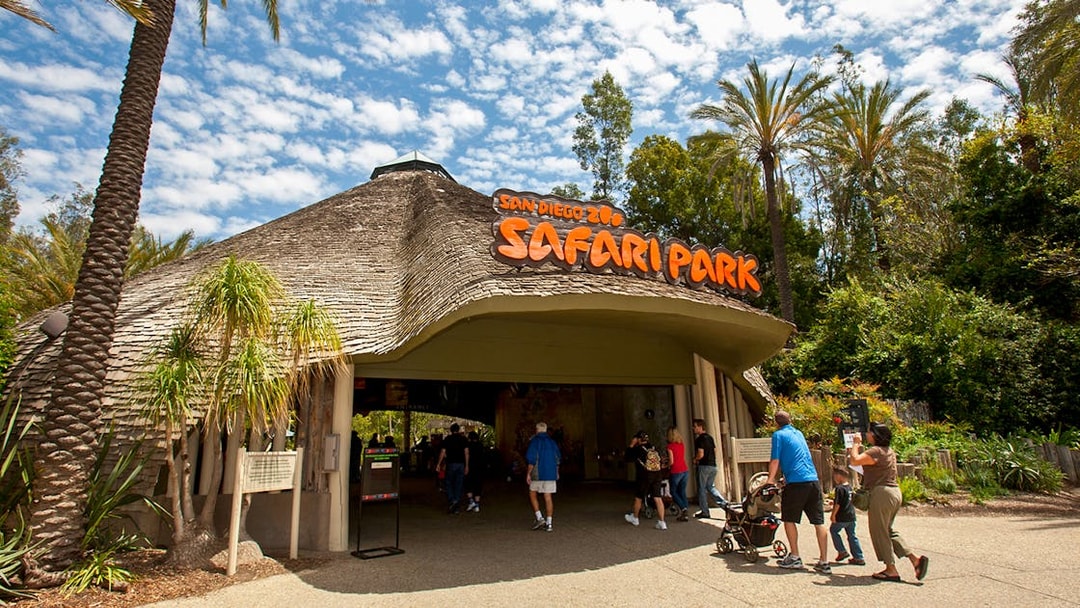 San Diego Zoo Safari Park entrance with visitors, San Diego.