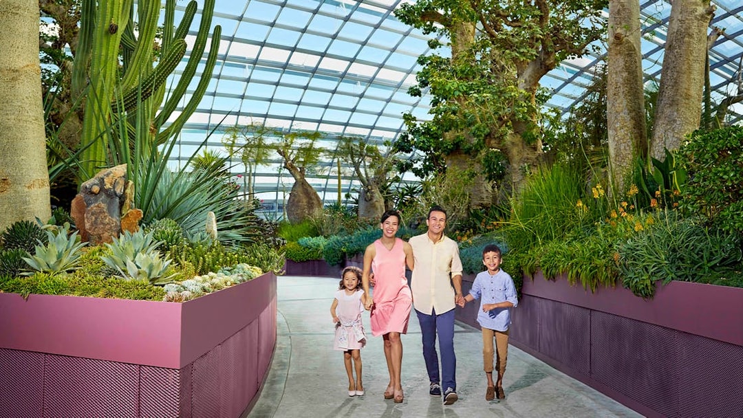 Family walking through Gardens by the Bay conservatory in Singapore.