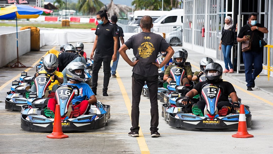 Go-kart racers preparing to start at Morac Adventure Park, Langkawi.