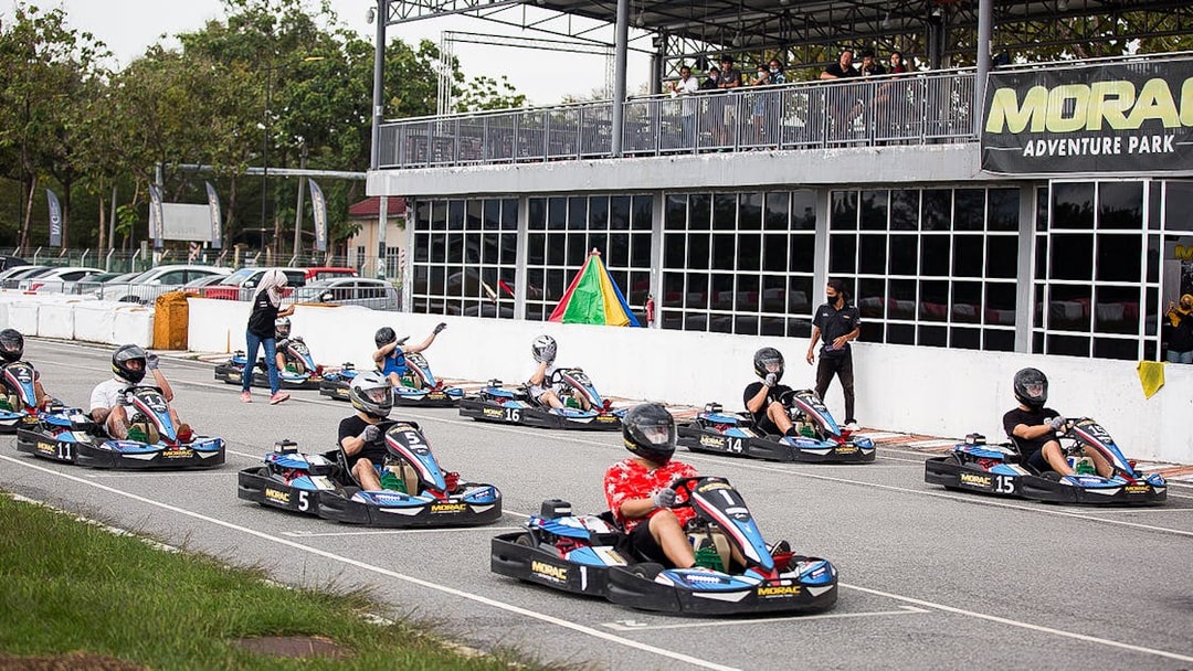 Go-kart racers at Morac Adventure Park, Langkawi, preparing for a race.