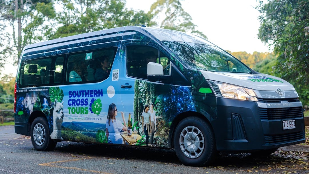Tour van for Evening Rainforest & Glow Worm Experience parked in lush forest setting.