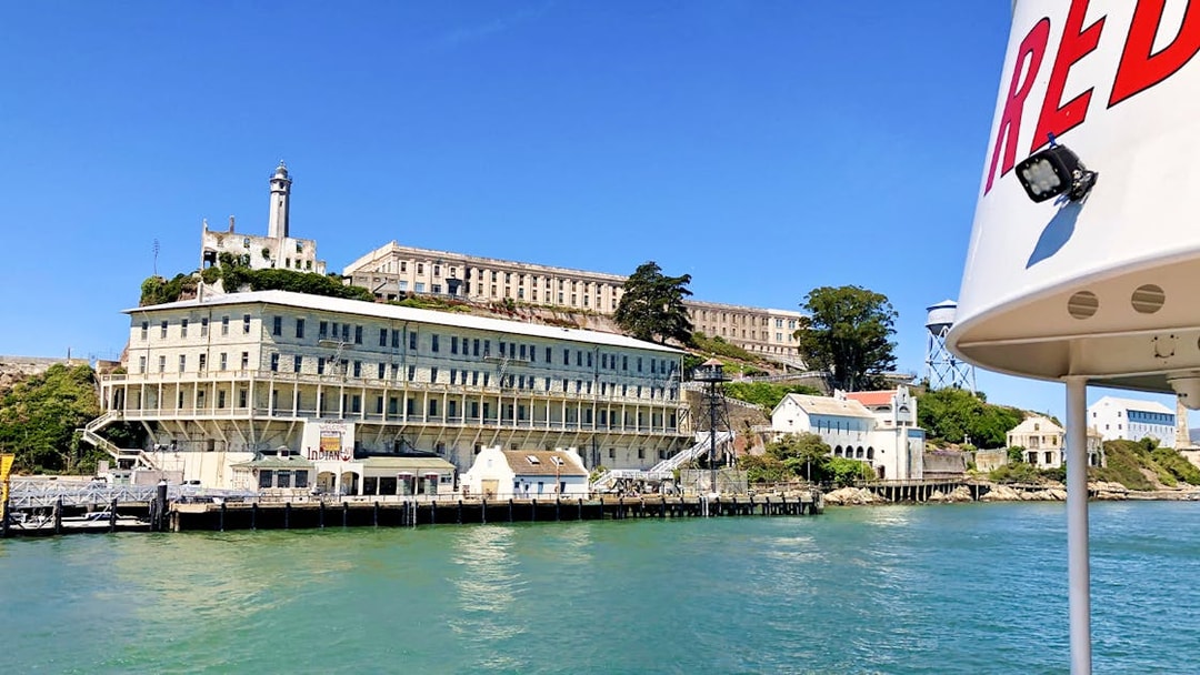 Golden Gate Bay cruise passing Alcatraz Island in San Francisco, USA.