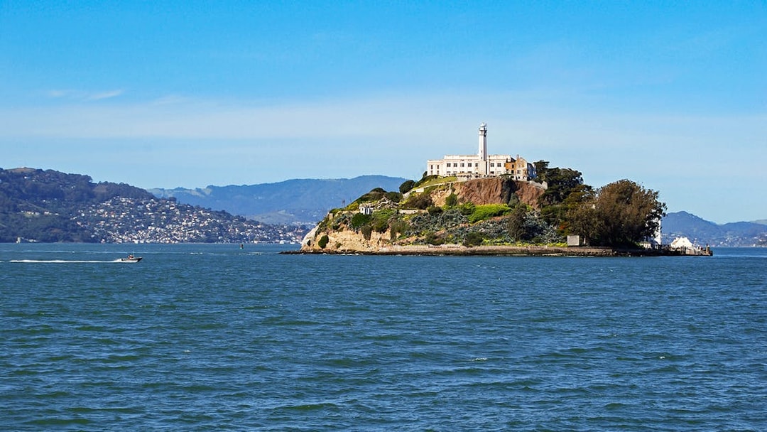 Alcatraz Island with historic prison building in San Francisco Bay.